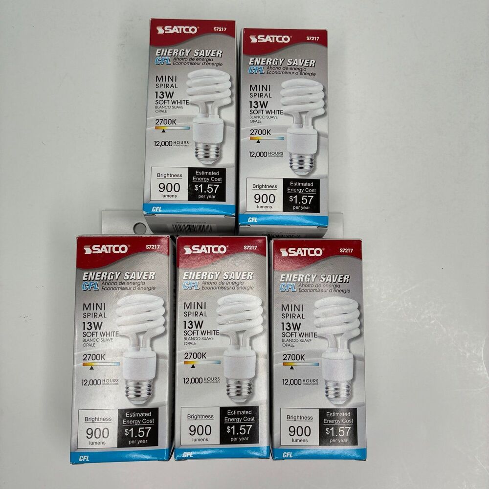 Lot Of 5 Satco S7217 Energy Saver Mini Spiral 13 Watt; 2700k; 900 Lumens NEW